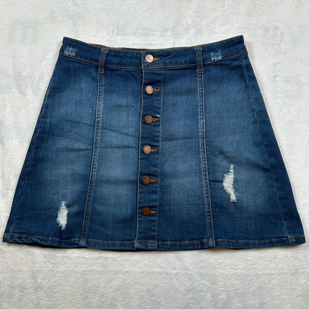Cest Toi Denim Button Front Mini Skirt Size 8 / Medium Blue Distressed